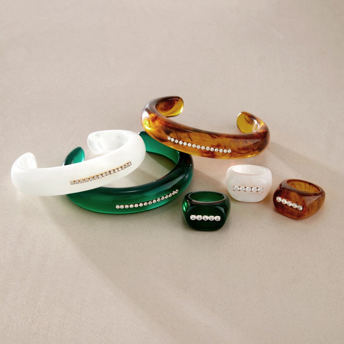 Resin Rhinestone Rings & Cuff Bracelets