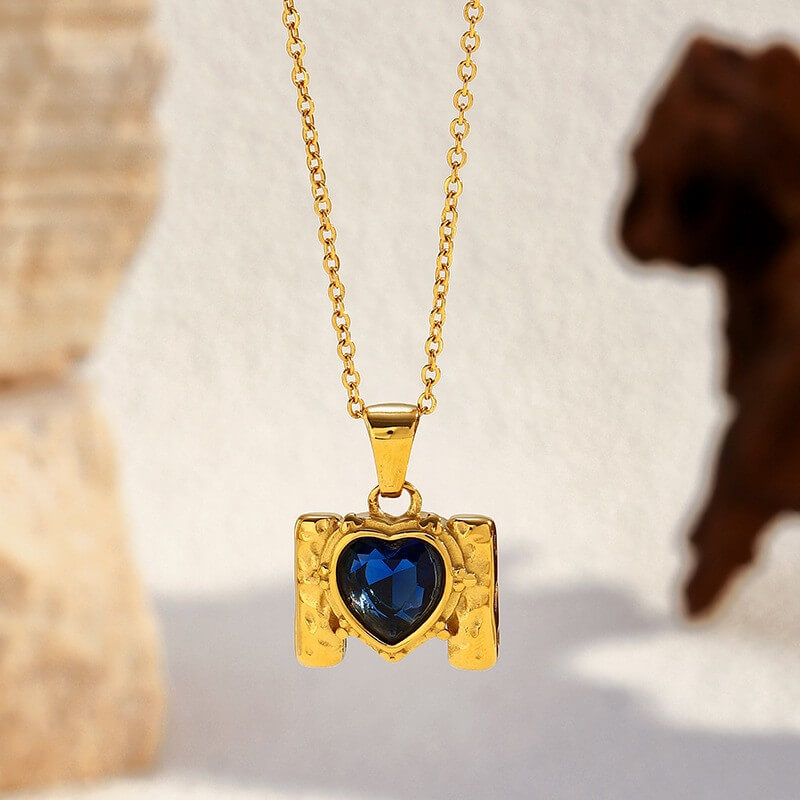 Retro Framed Heart CZ Birthstone Necklace