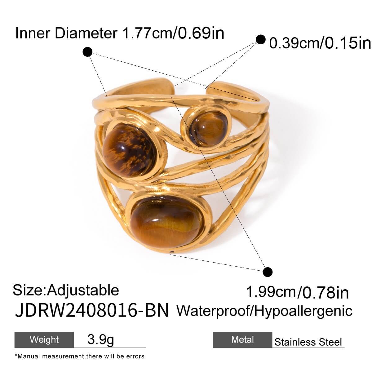 Natural Tiger's Eye Rings - 18K Gold Plated Stainless Steel