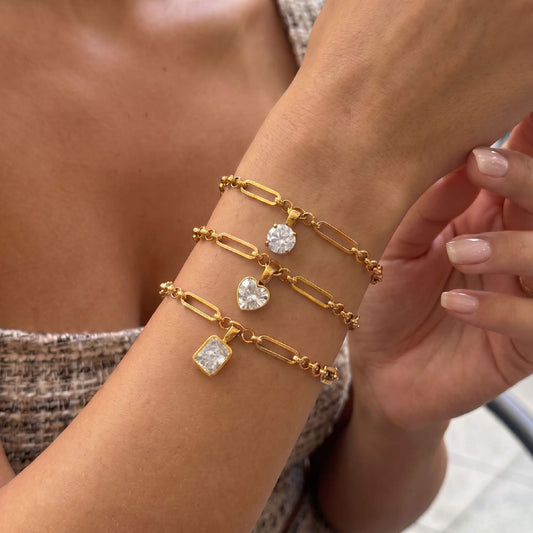 Waterproof Paperclip Chain Solitaire CZ Charm Bracelet