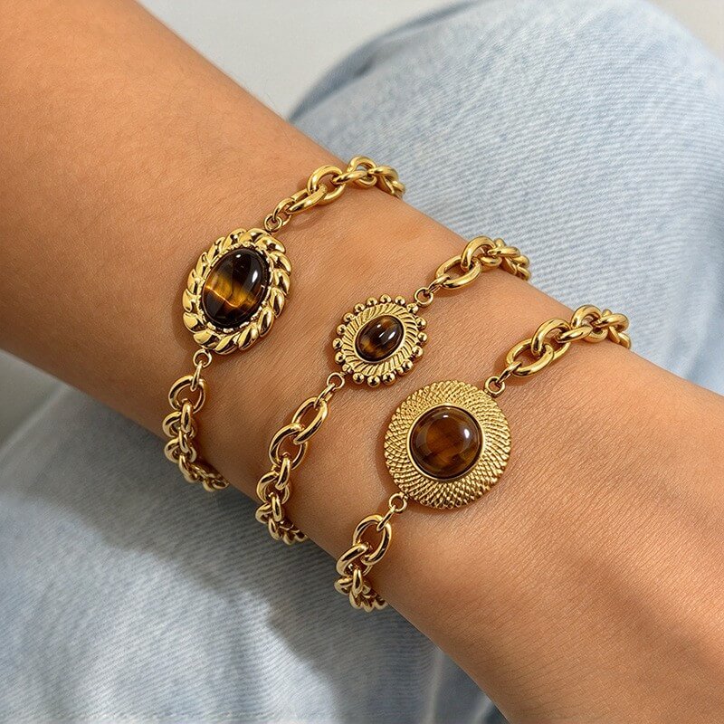 Waterproof Vintage Natural Tiger's Eye Medallion Bracelet