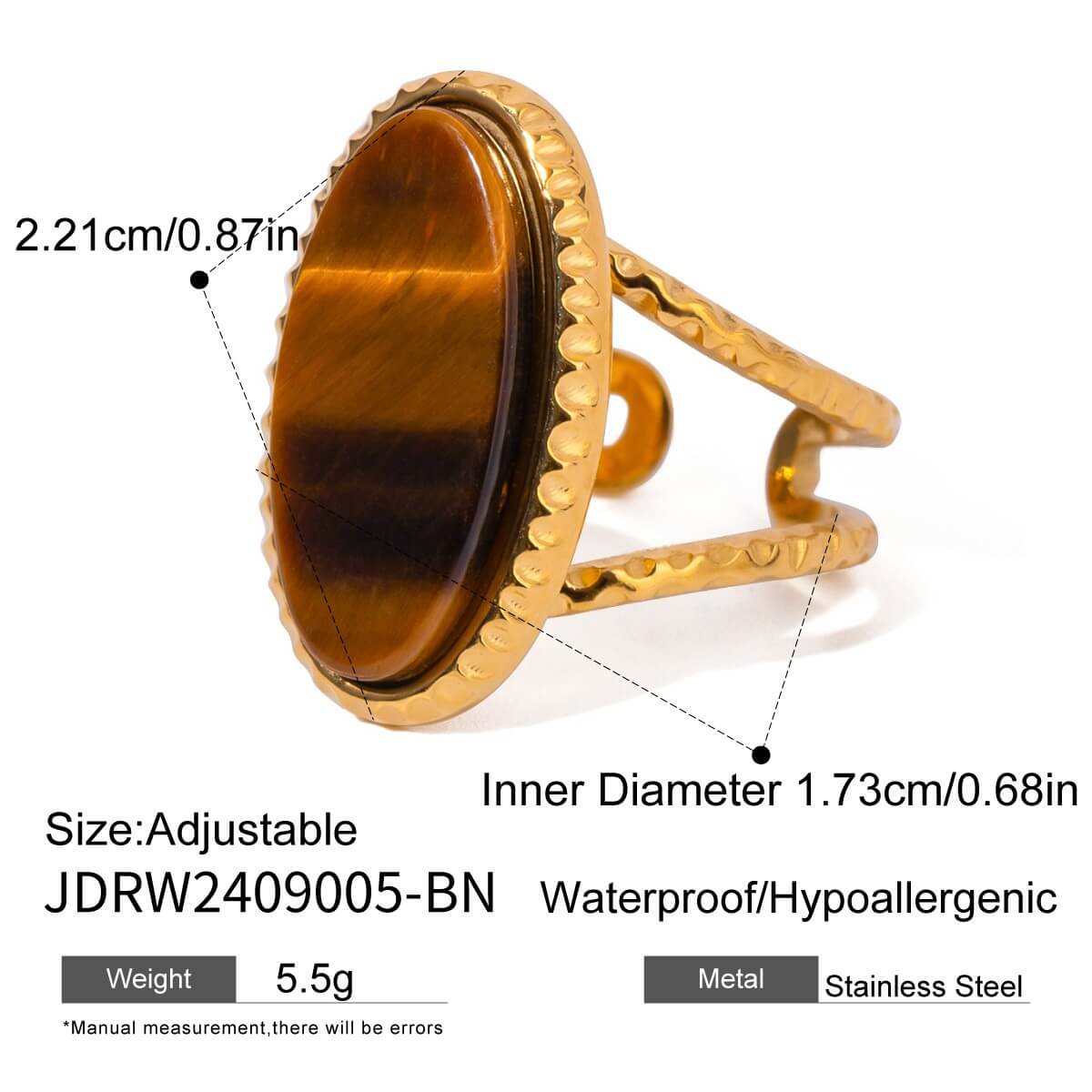 Natural Tiger's Eye Rings - 18K Gold Plated Stainless Steel