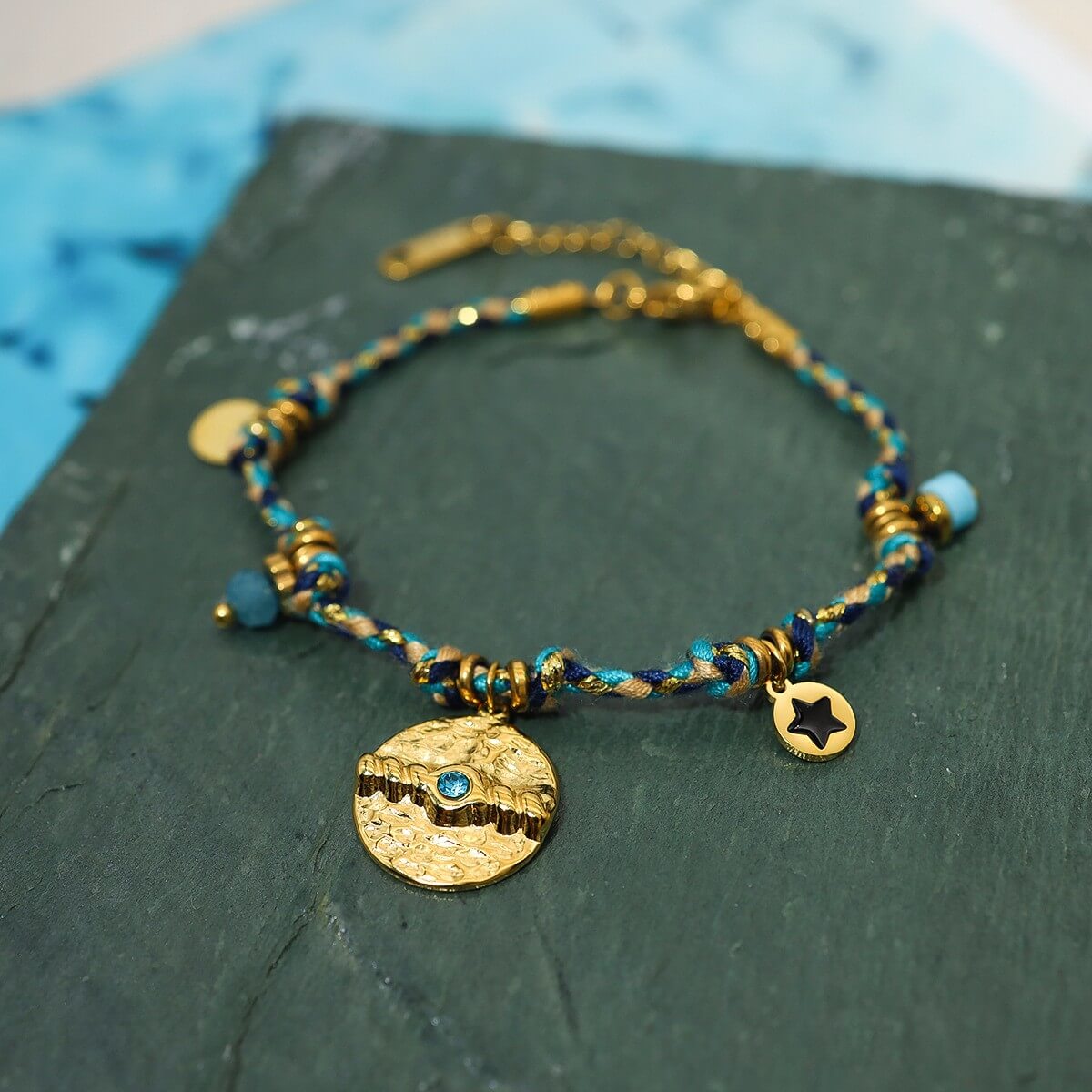 Boho Woven Coin Charm Bracelet