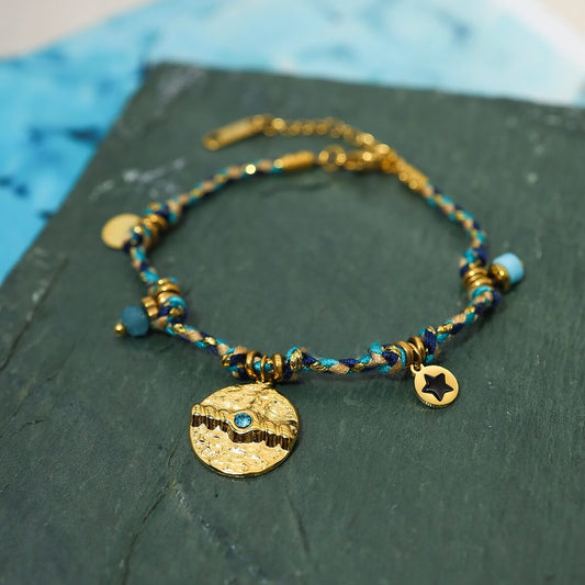 Boho Woven Coin Charm Bracelet
