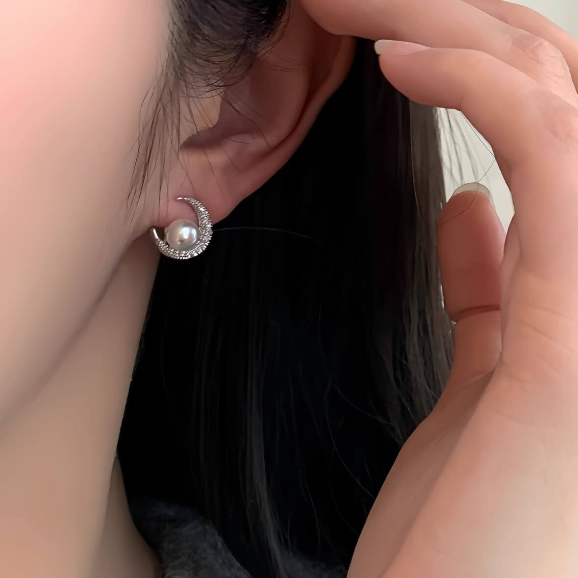 Crescent Moon Pearl CZ Stud Earrings