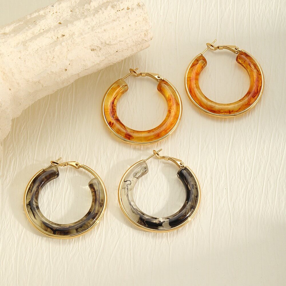 Chunky Resin Hoop Earrings 18K Gold Stainless Steel