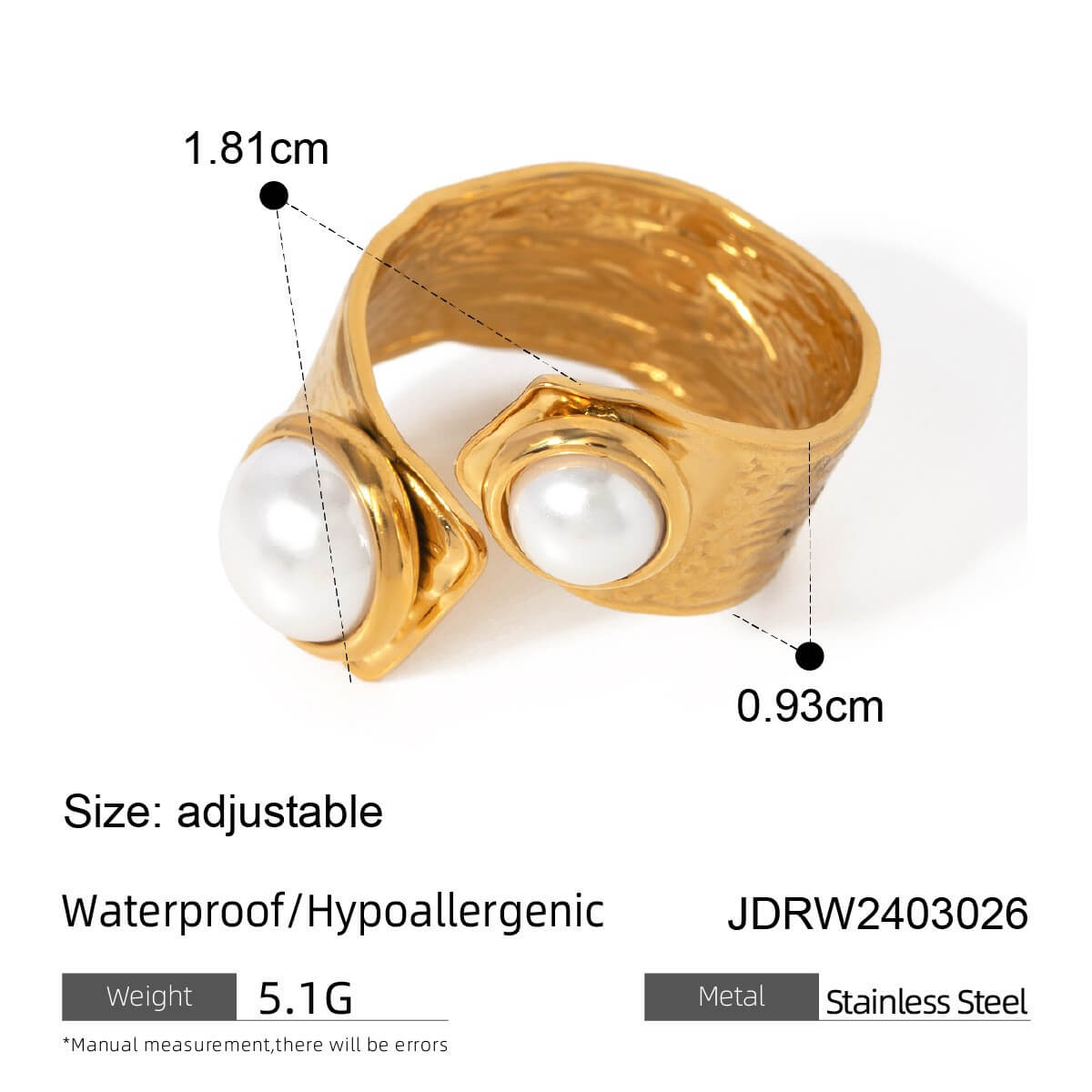 Hammered Pearl Open Ring - 18K Gold Plated Stainless Steel