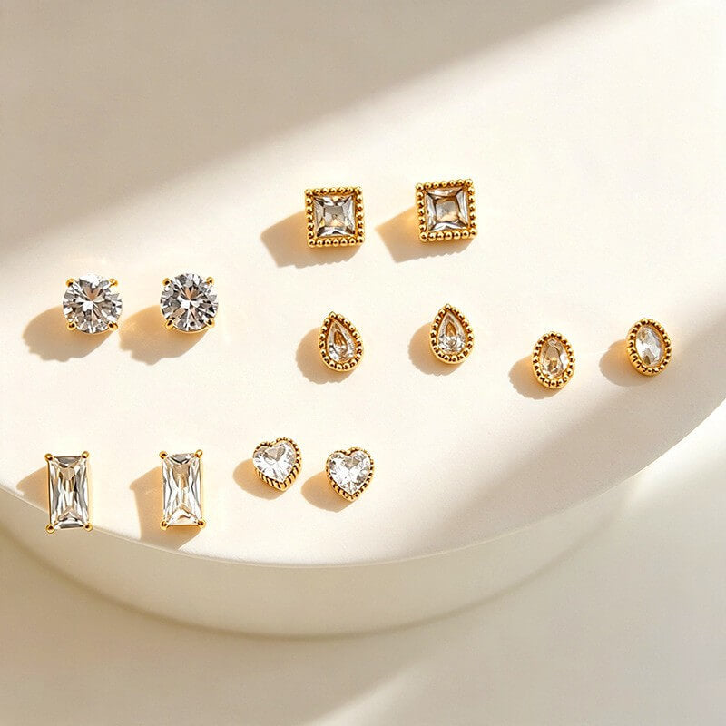 18K Gold CZ Geometric Stud Earrings
