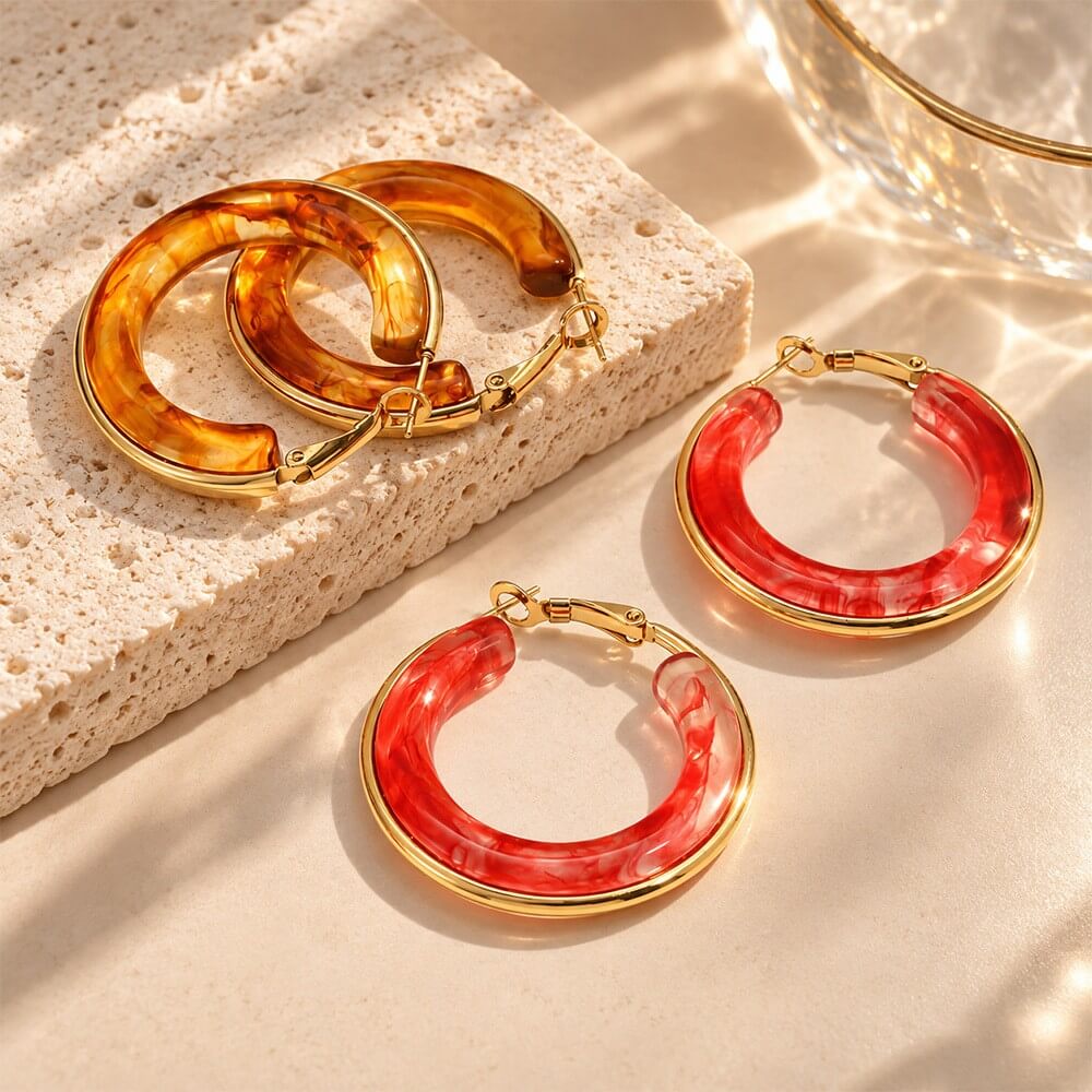 Chunky Resin Hoop Earrings 18K Gold Stainless Steel
