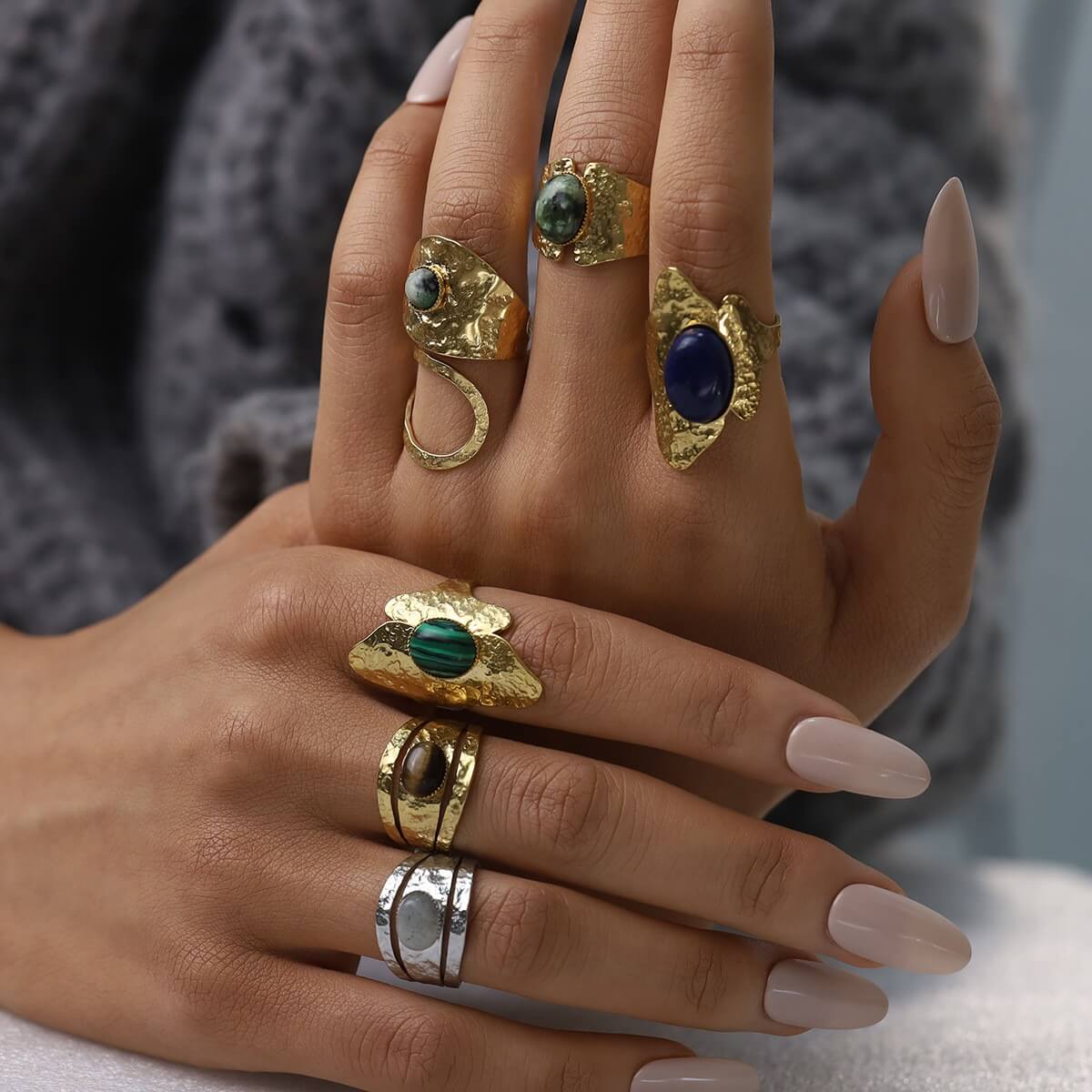 Boho Natural Stone Hammered Open Ring