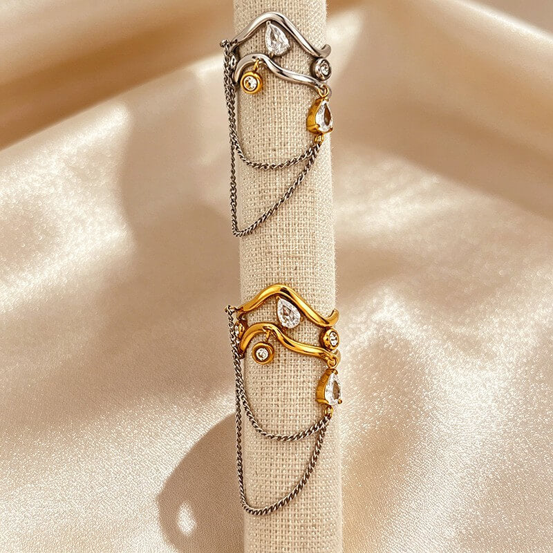 18K Gold Wavy CZ Dangle Chain Ring