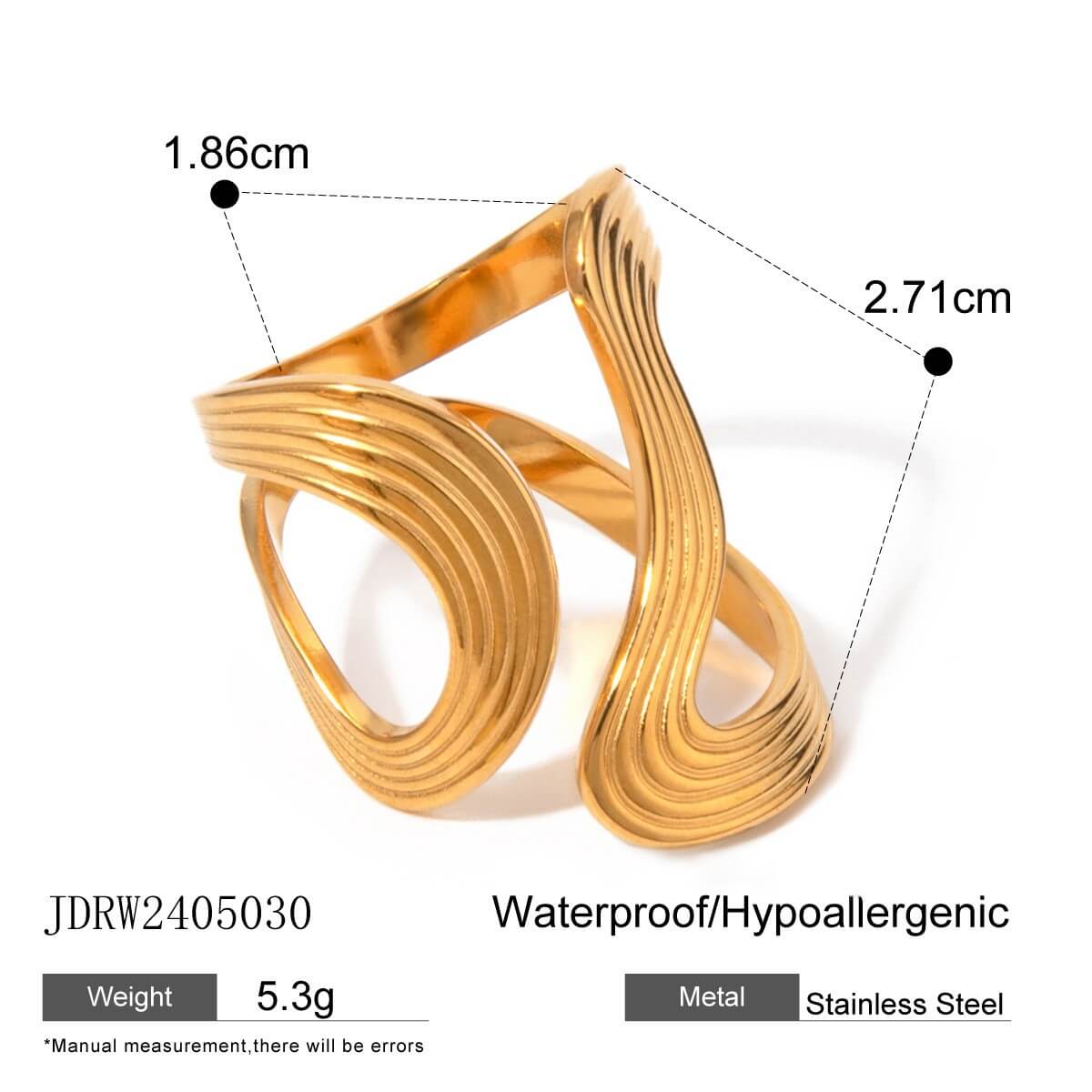 Waterproof Sculptural Wave Open Rings