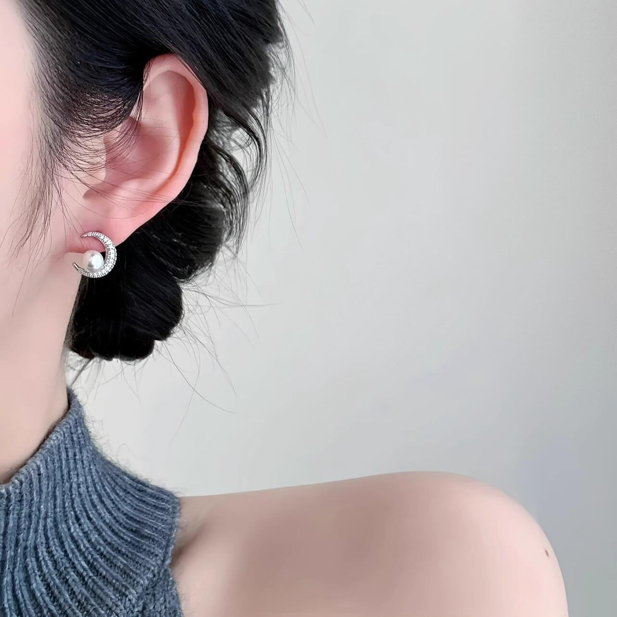 Crescent Moon Pearl CZ Stud Earrings