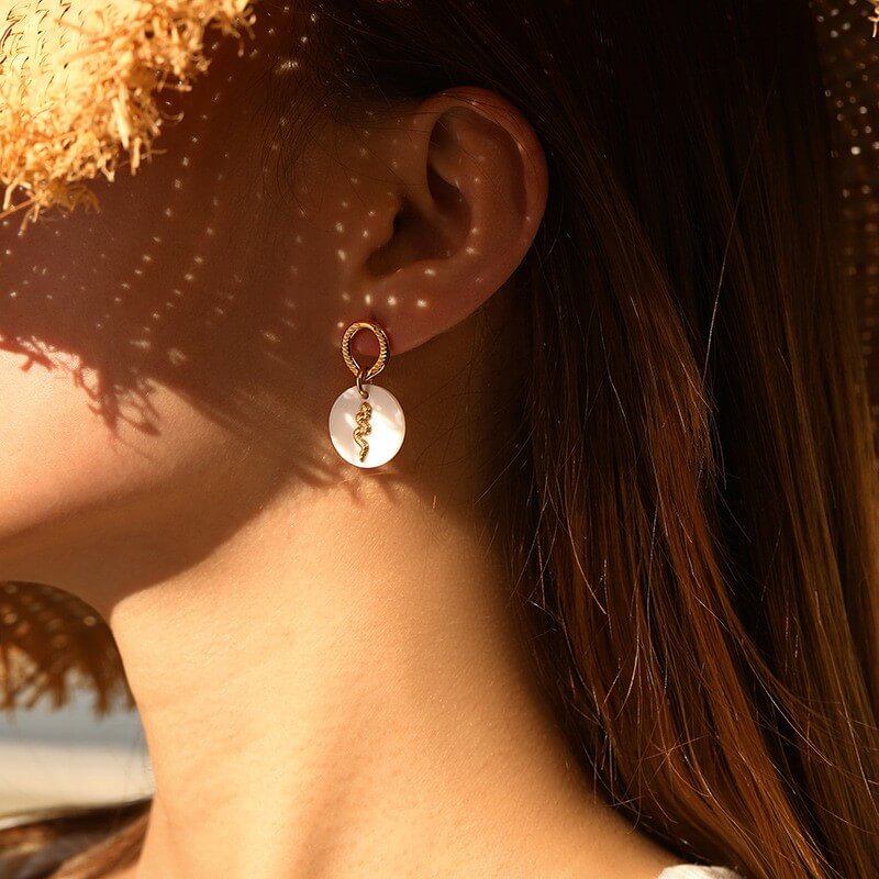 Waterproof Snake Shell Disc Drop Earrings