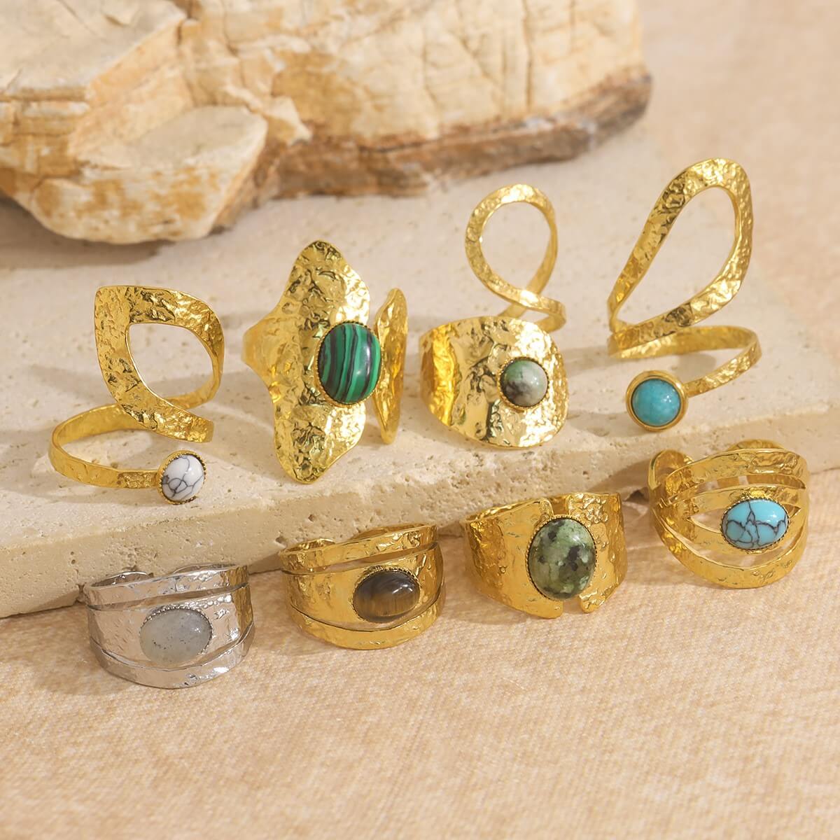 Boho Natural Stone Hammered Open Ring