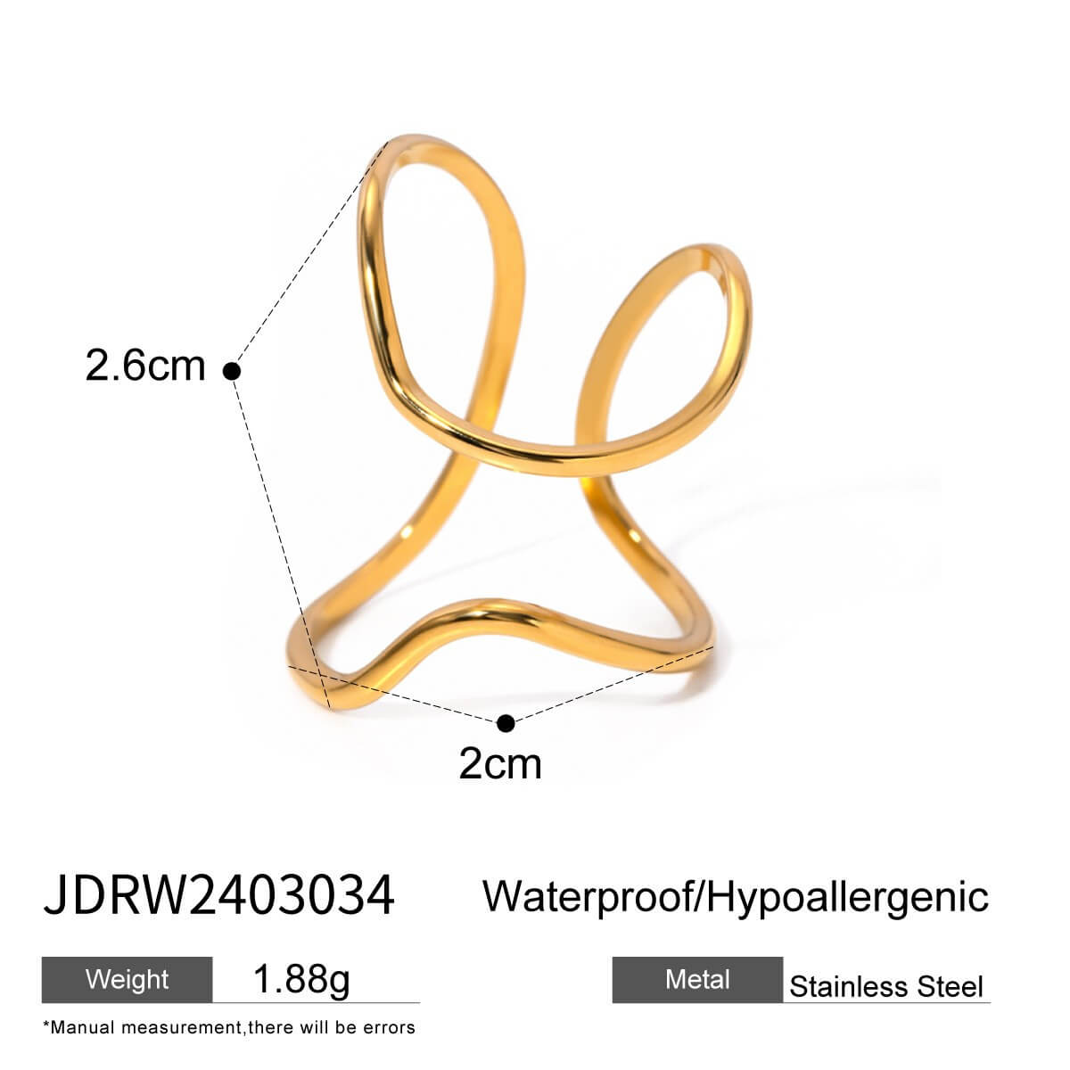 Waterproof Sculptural Wave Open Rings