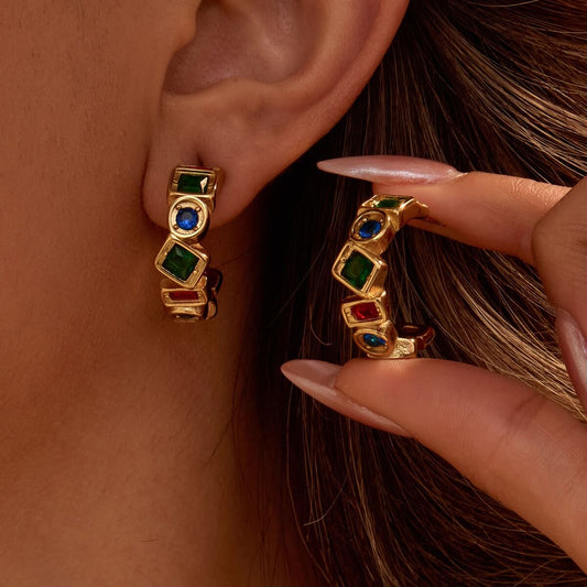 Vintage Colorful Gemstone Chunky Hoop Earrings