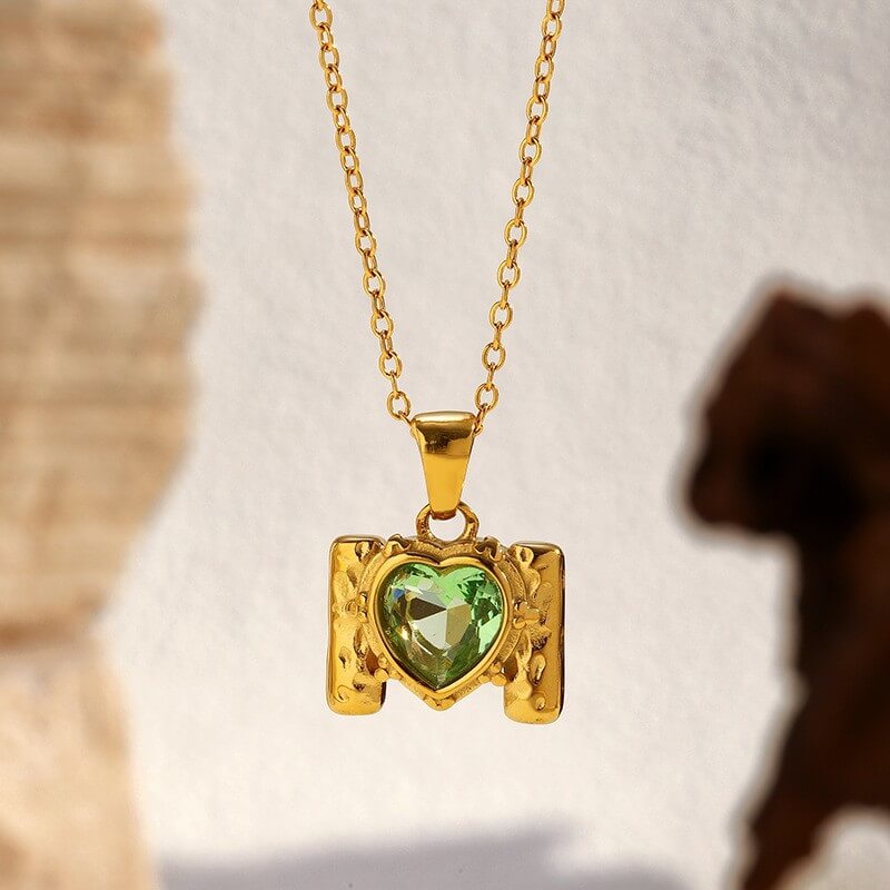 Retro Framed Heart CZ Birthstone Necklace