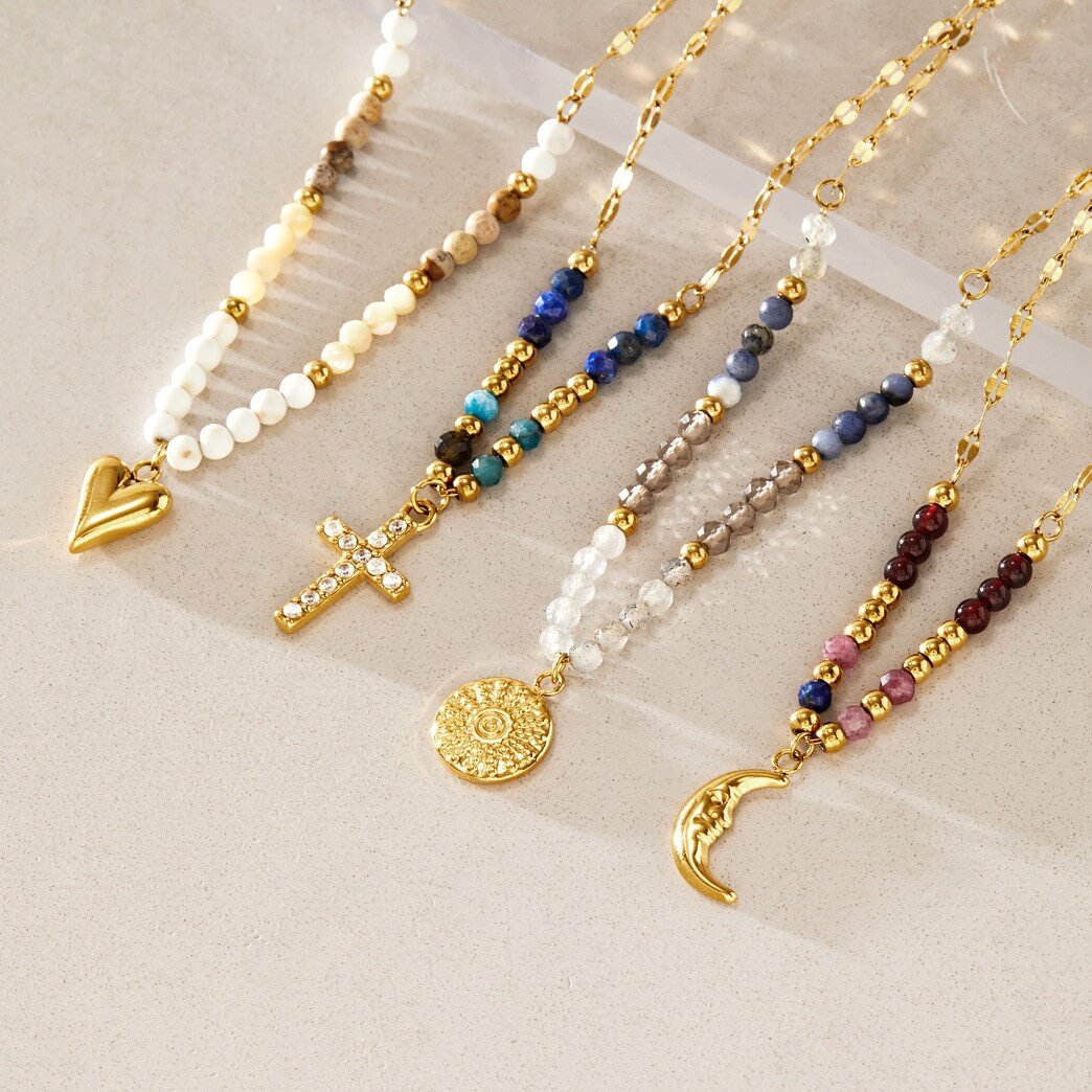 18K Gold Natural Stone Beaded Necklace