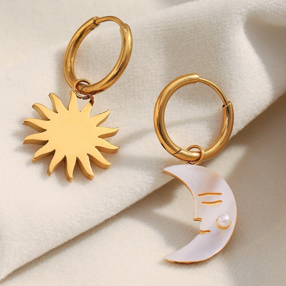 Asymmetric Sun and Moon Huggie Hoop Earrings