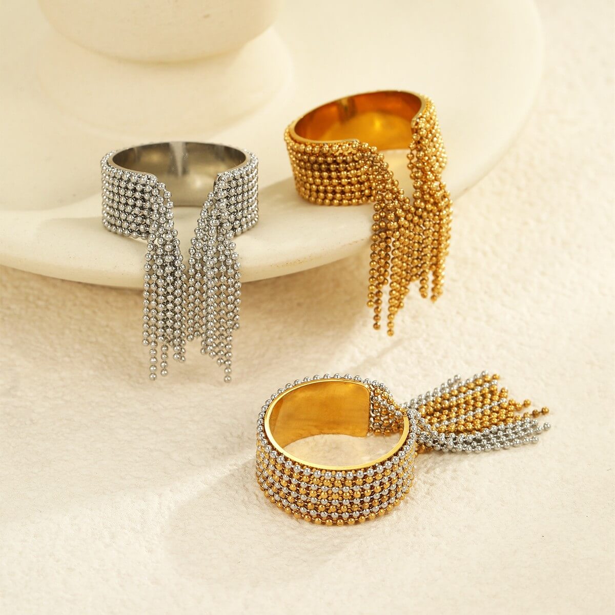 Waterproof Beaded Tassel Mesh Ring 18K Gold Plated