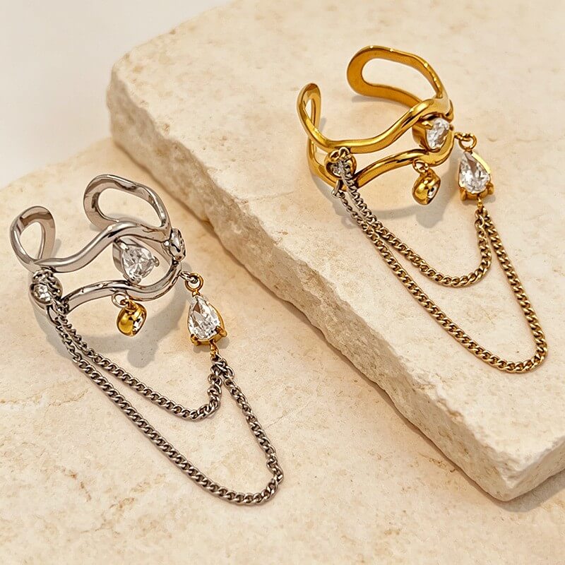 18K Gold Wavy CZ Dangle Chain Ring