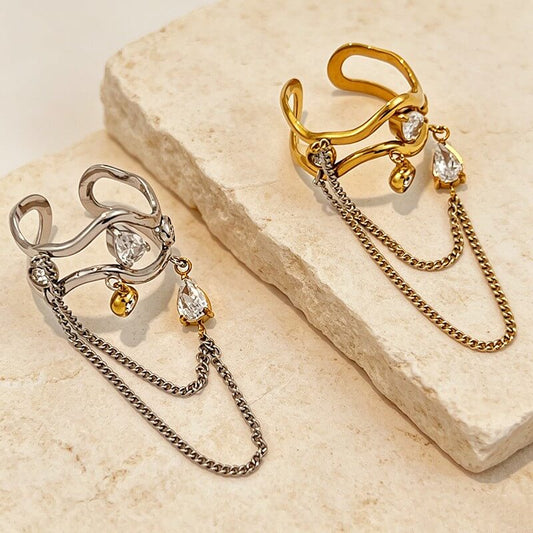 18K Gold Wavy CZ Dangle Chain Ring