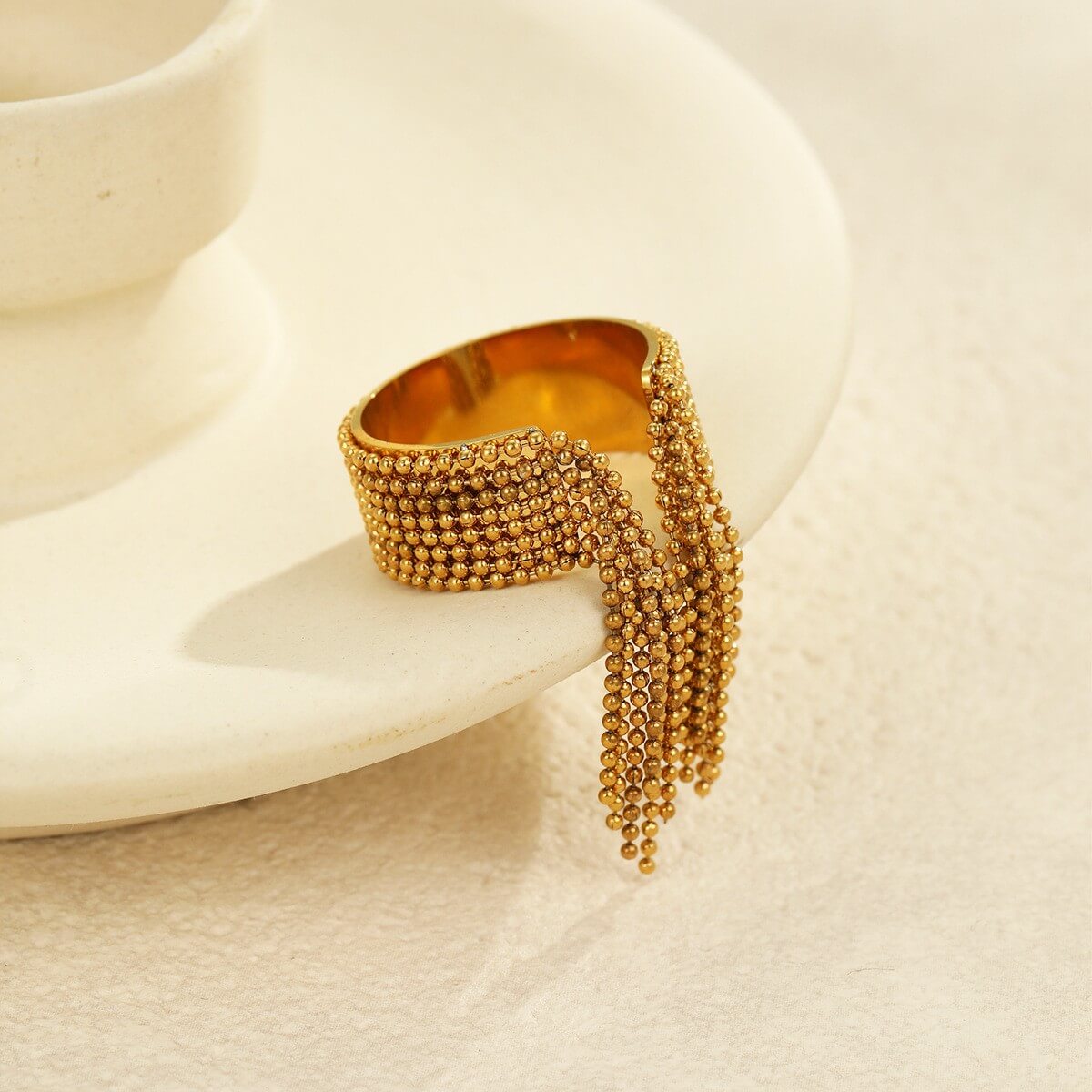 Waterproof Beaded Tassel Mesh Ring 18K Gold Plated