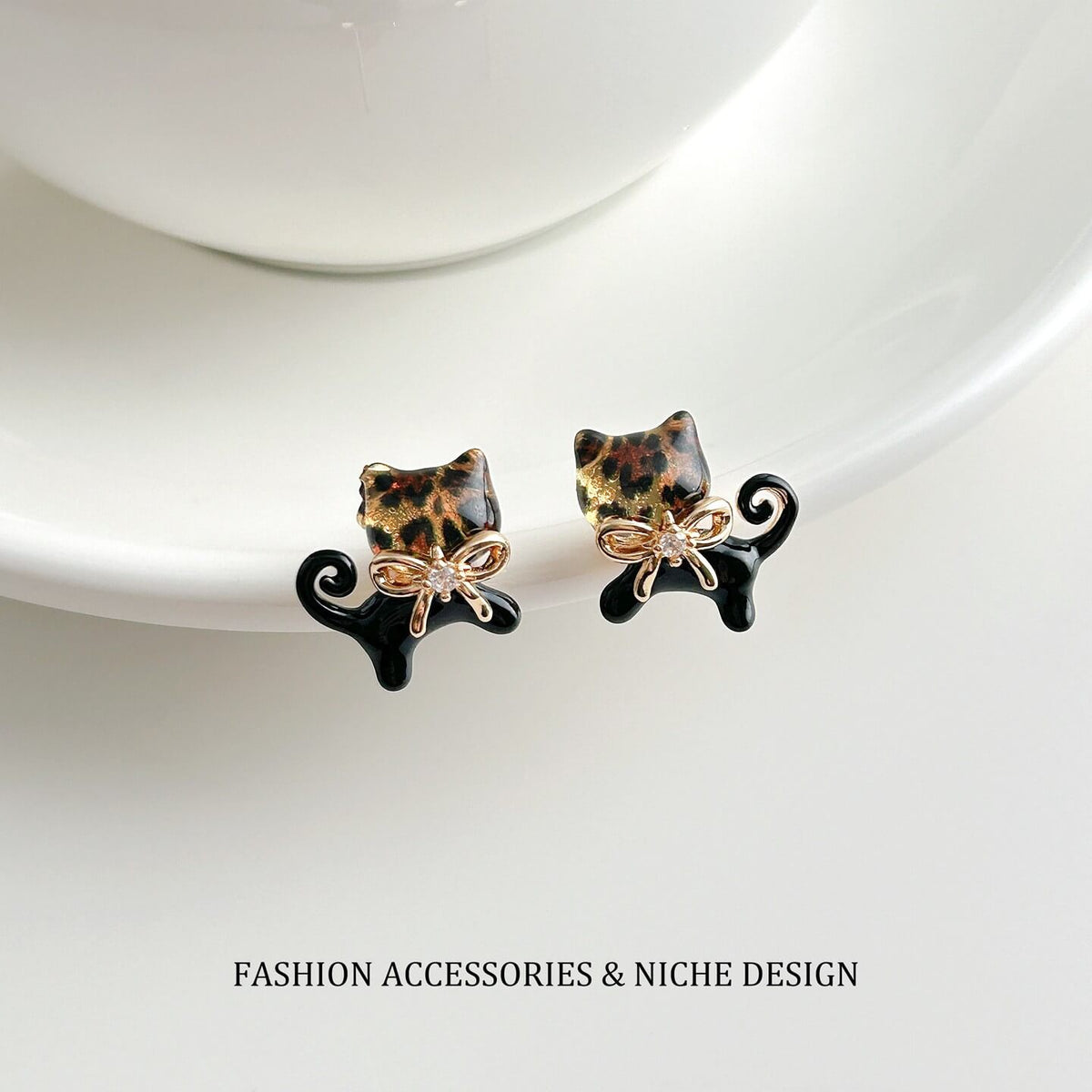 Leopard Print Cat Bowknot Stud Earrings