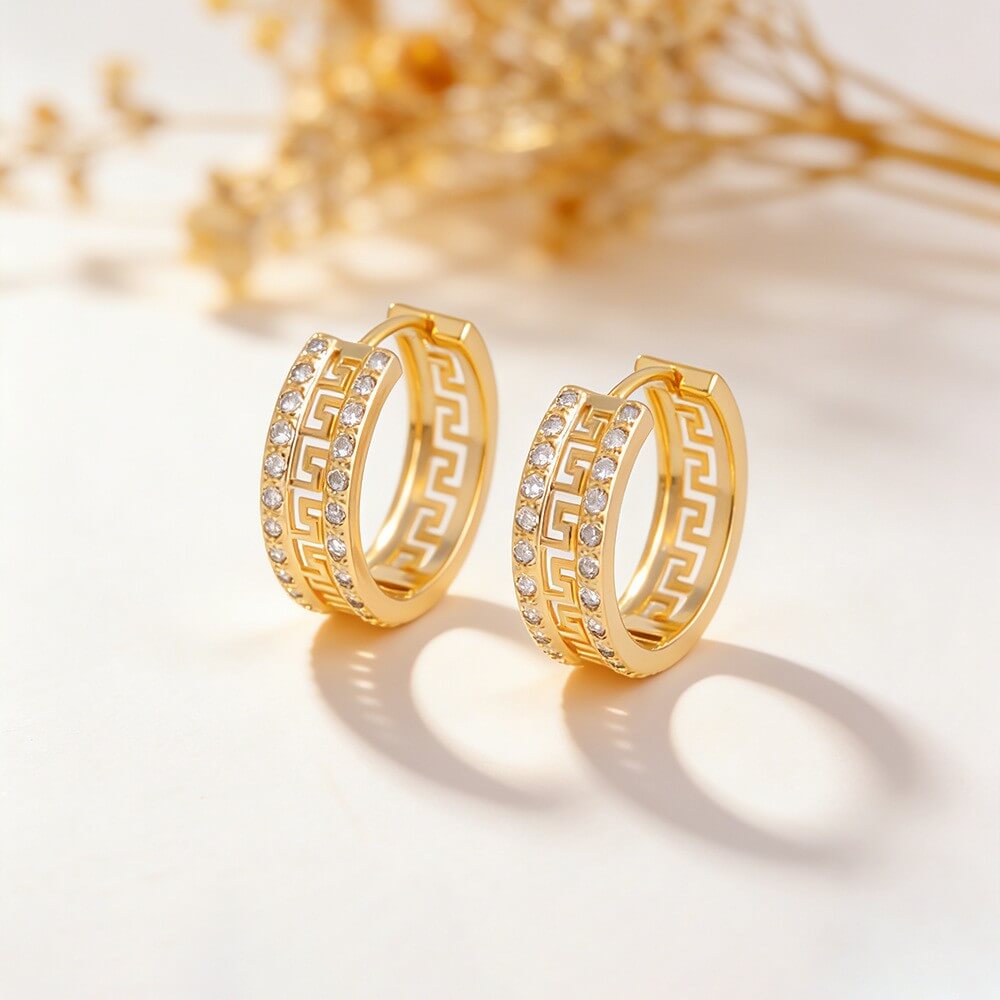 14K Gold Plated Brass Vintage Greek Key CZ Hoop Earrings