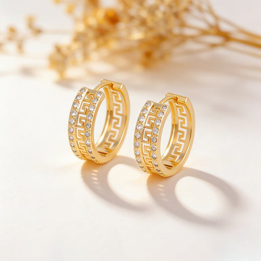14K Gold Plated Brass Vintage Greek Key CZ Hoop Earrings