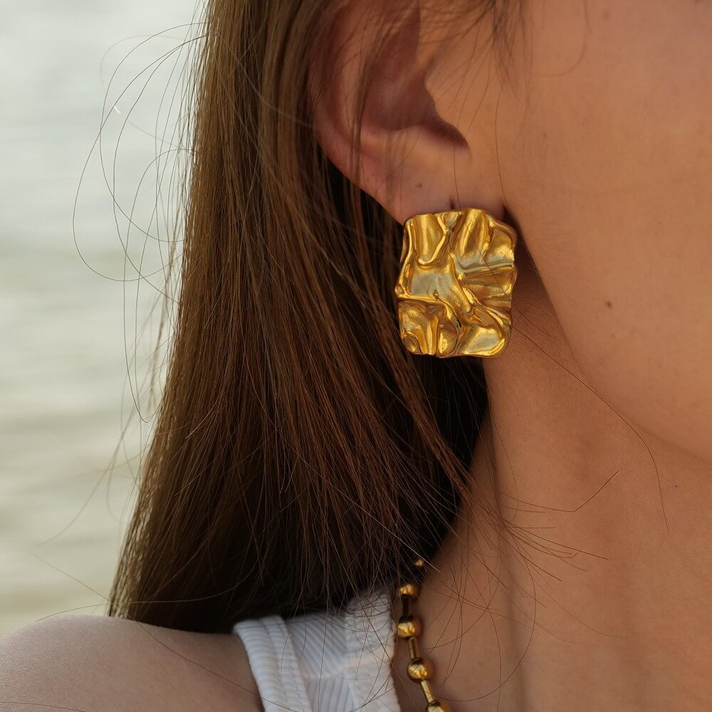 Waterproof Textured Gold Statement Earrings