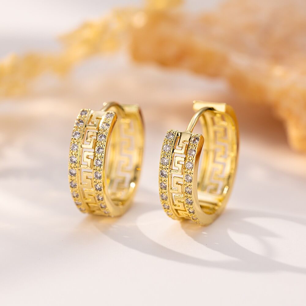 14K Gold Plated Brass Vintage Greek Key CZ Hoop Earrings