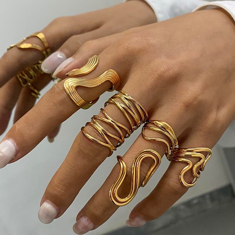Waterproof Sculptural Wave Open Rings