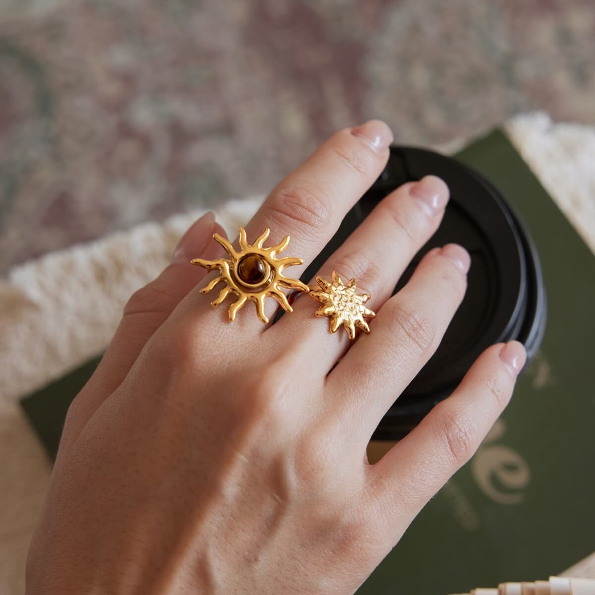 18K Gold Sunburst Stainless Steel Ring