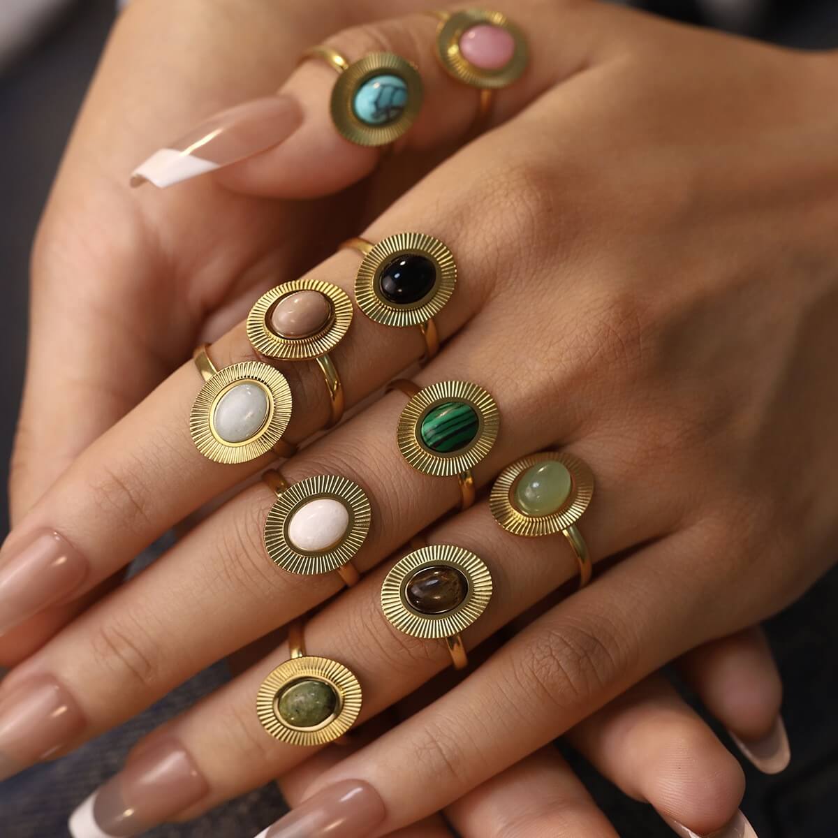 Vintage Sunburst Natural Gemstone Open Ring