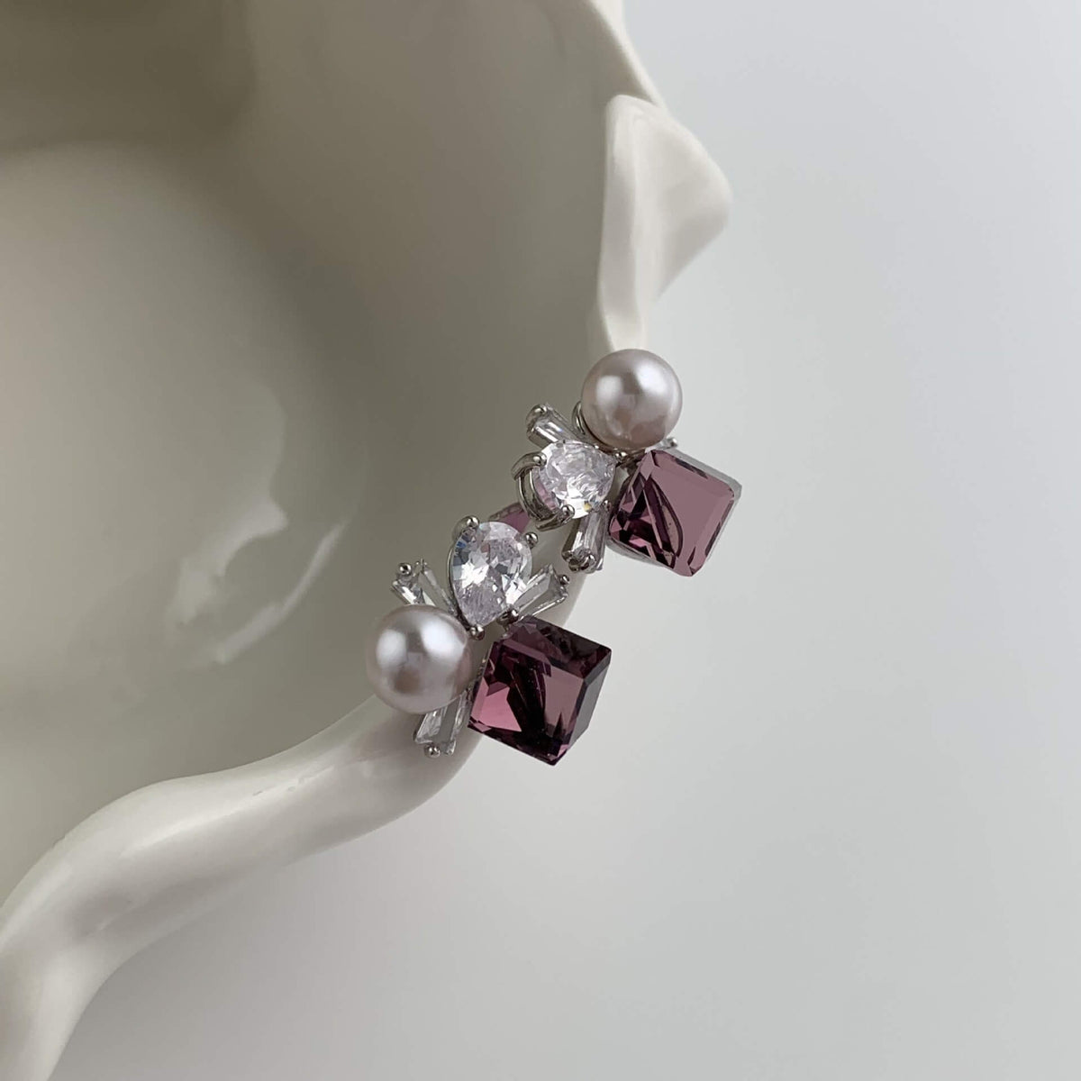Geometric Cube Crystal & Pearl Cluster Stud Earrings