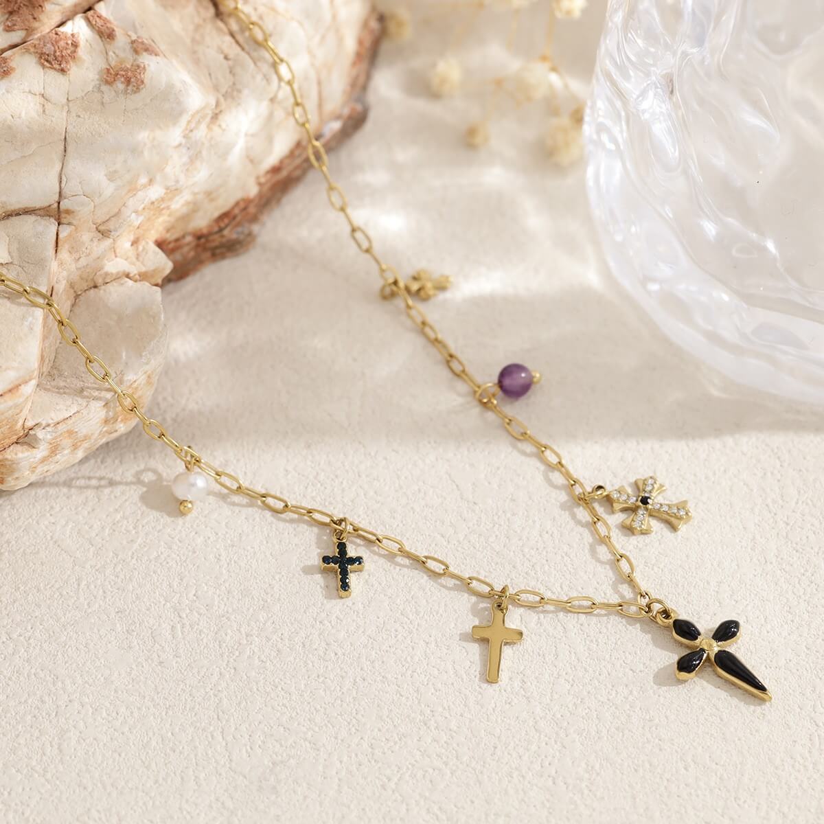 Vintage Multi Cross Charm Choker Necklace