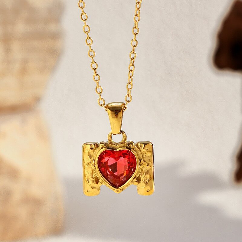 Retro Framed Heart CZ Birthstone Necklace