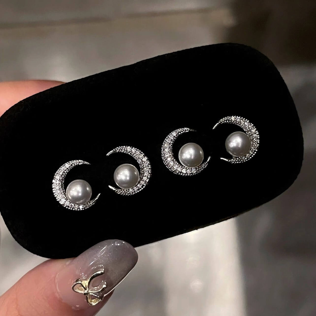 Crescent Moon Pearl CZ Stud Earrings