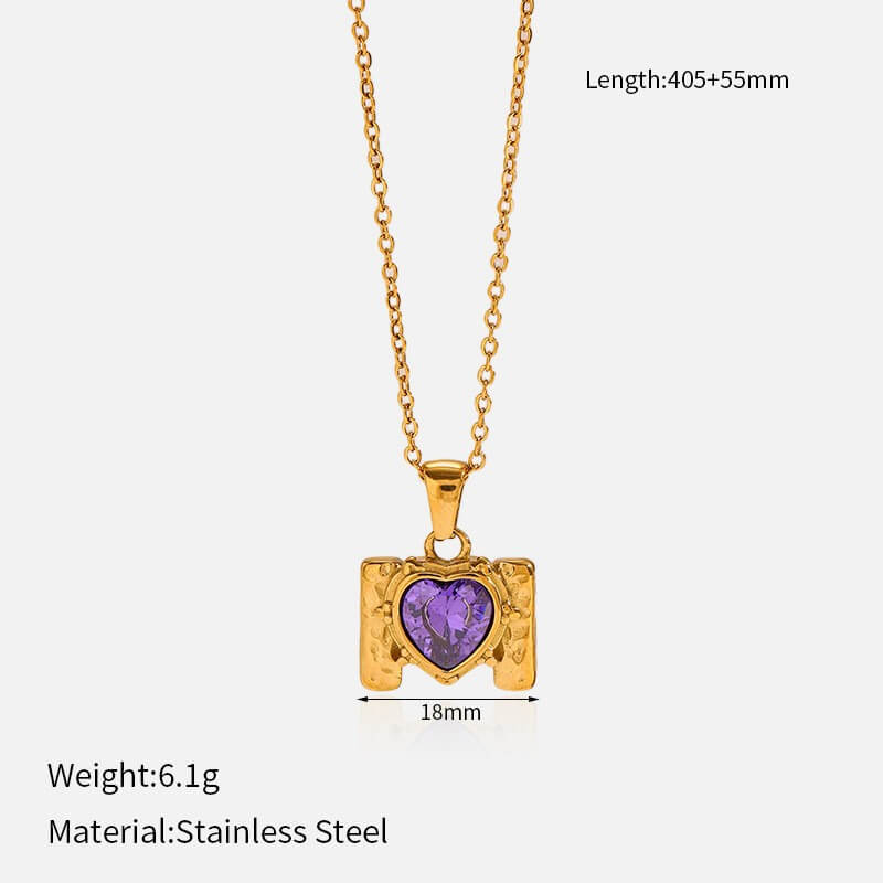 Retro Framed Heart CZ Birthstone Necklace