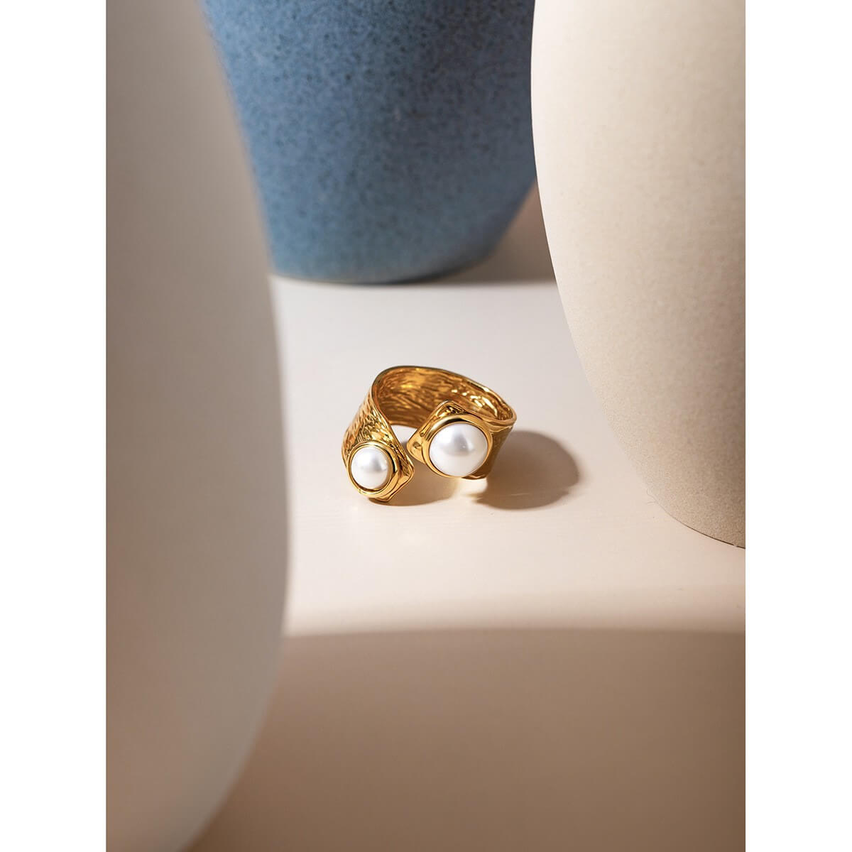 Hammered Pearl Open Ring - 18K Gold Plated Stainless Steel