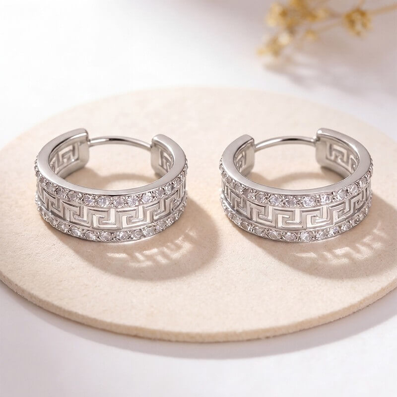14K Gold Plated Brass Vintage Greek Key CZ Hoop Earrings