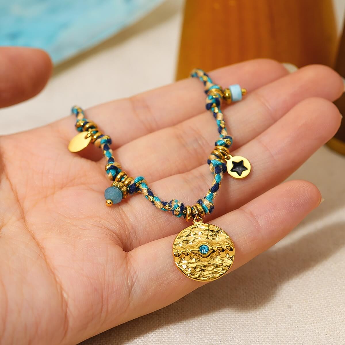 Boho Woven Coin Charm Bracelet