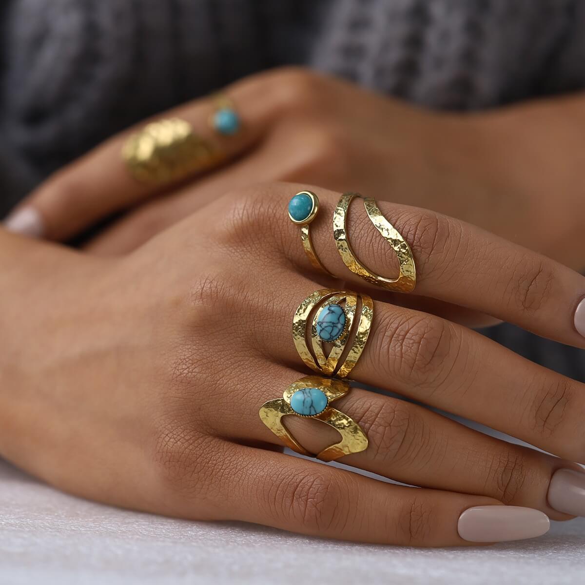 Boho Natural Stone Hammered Open Ring