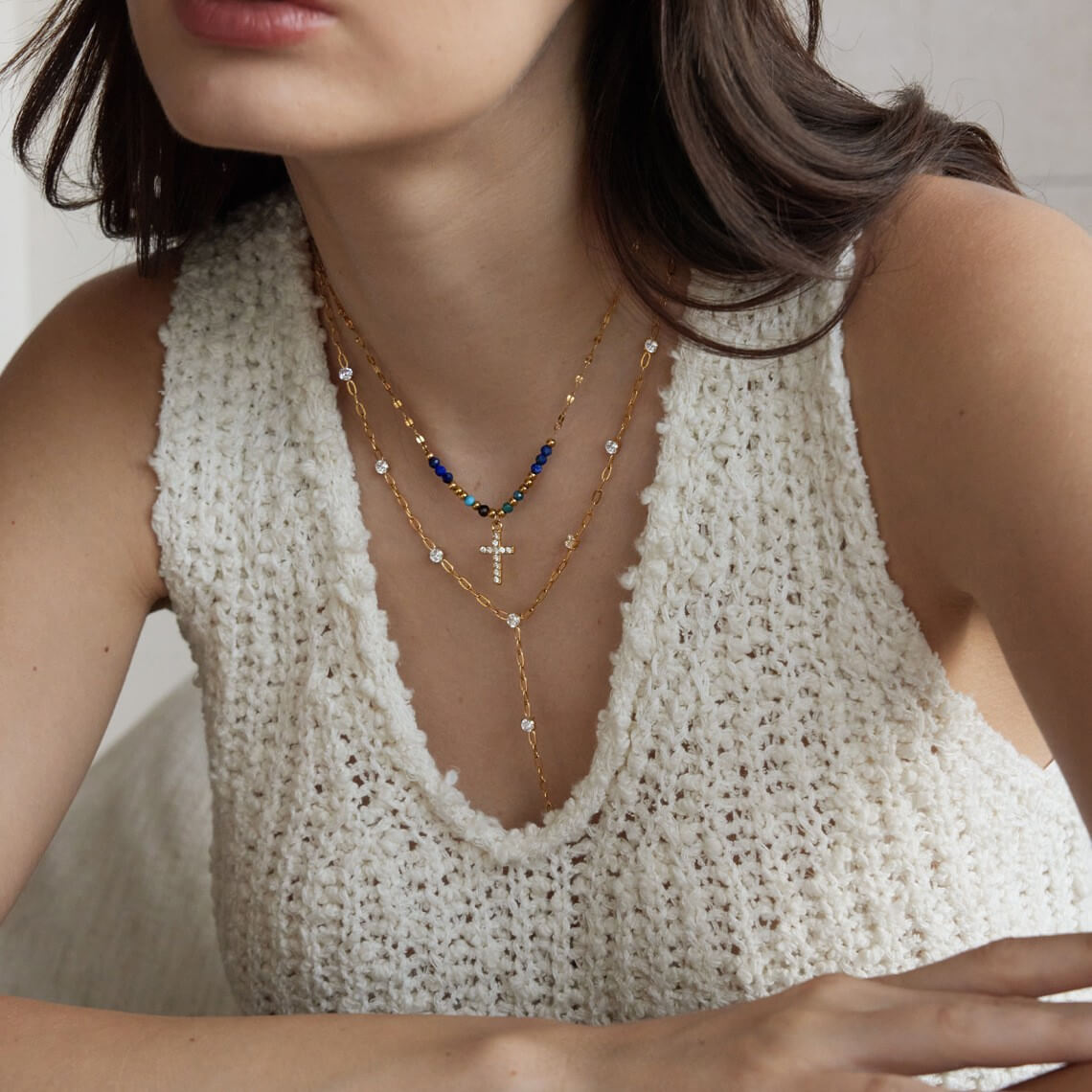 18K Gold Natural Stone Beaded Necklace