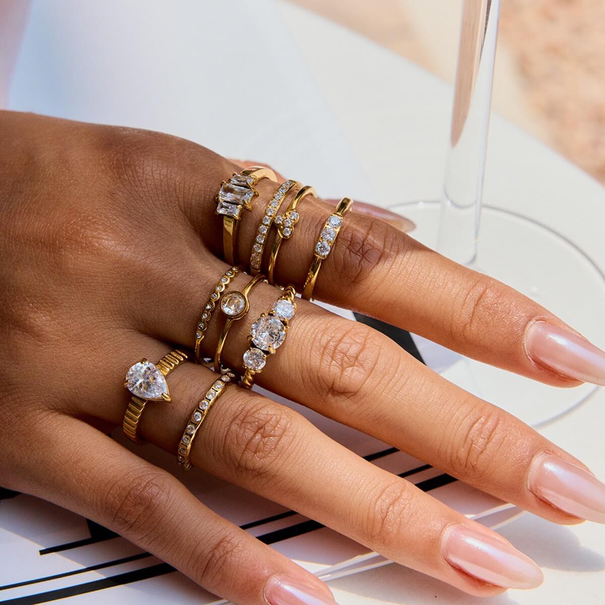 Cubic Zirconia Statement Rings - 18K Gold Plated Stainless Steel