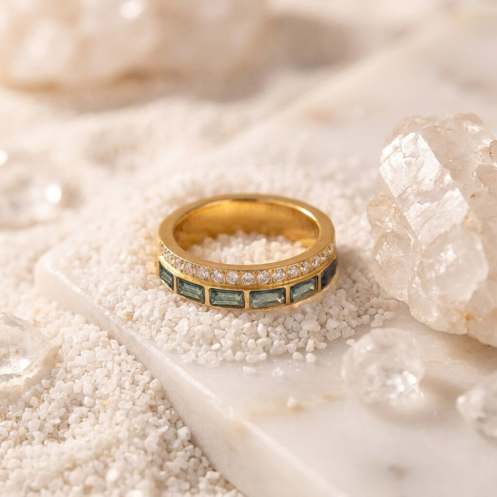 Waterproof Ocean Blue Baguette CZ Double Row Ring