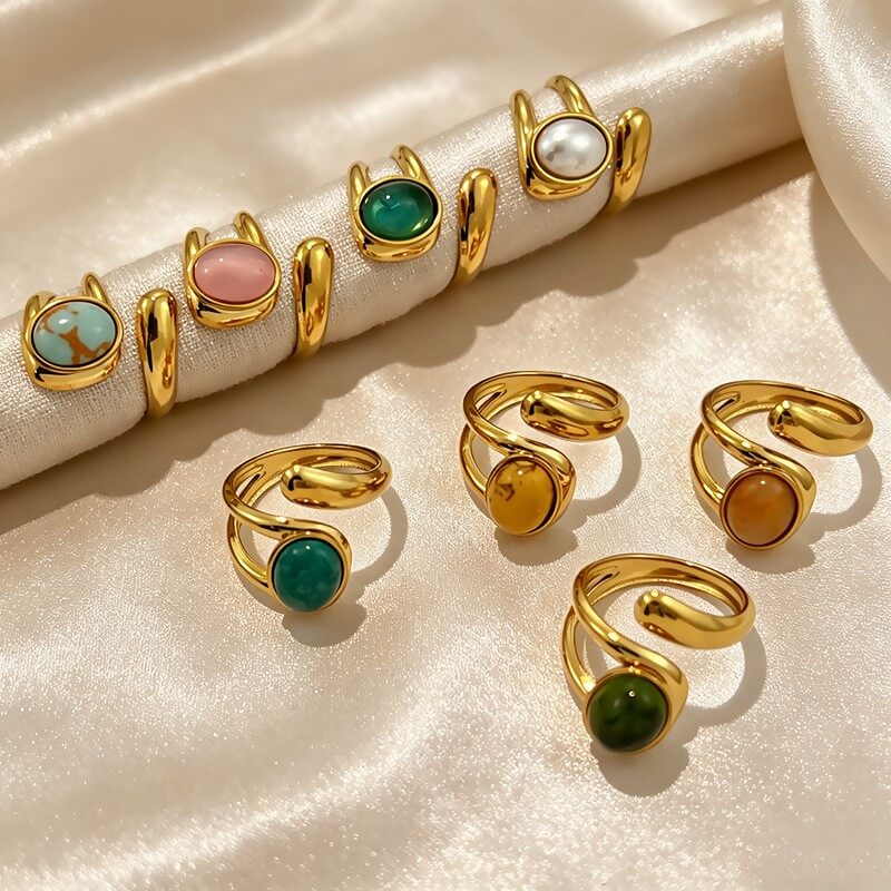18K Gold Oval Gemstone Bypass Open Ring