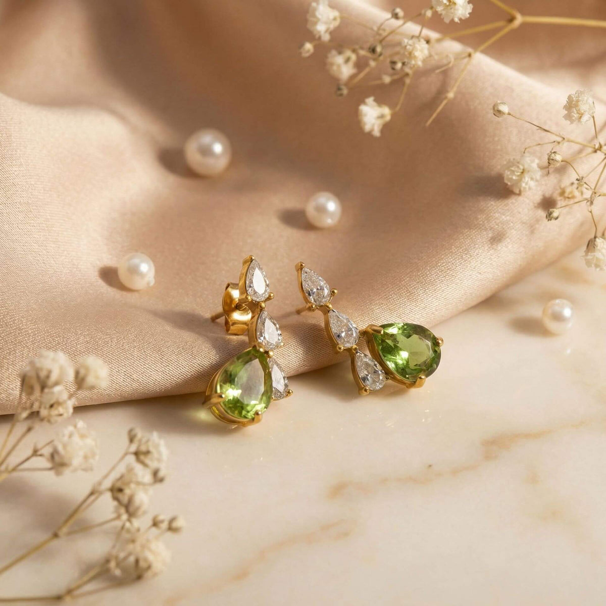 Teardrop Olive Green & Clear Cubic Zirconia Drop Studs